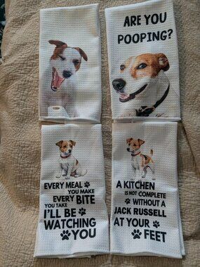 FOUR BRAND NEW Jack Russell Terrier hand towels, white waffle knit